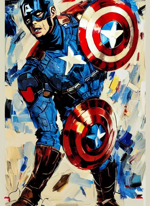 Image similar to marvel mcu captain america strange, wearing futuristic cybernetic battle armor, by ashley wood, yoji shinkawa, jamie hewlett, 6 0's french movie poster, french impressionism, vivid colors, palette knife and brush strokes, dutch angle