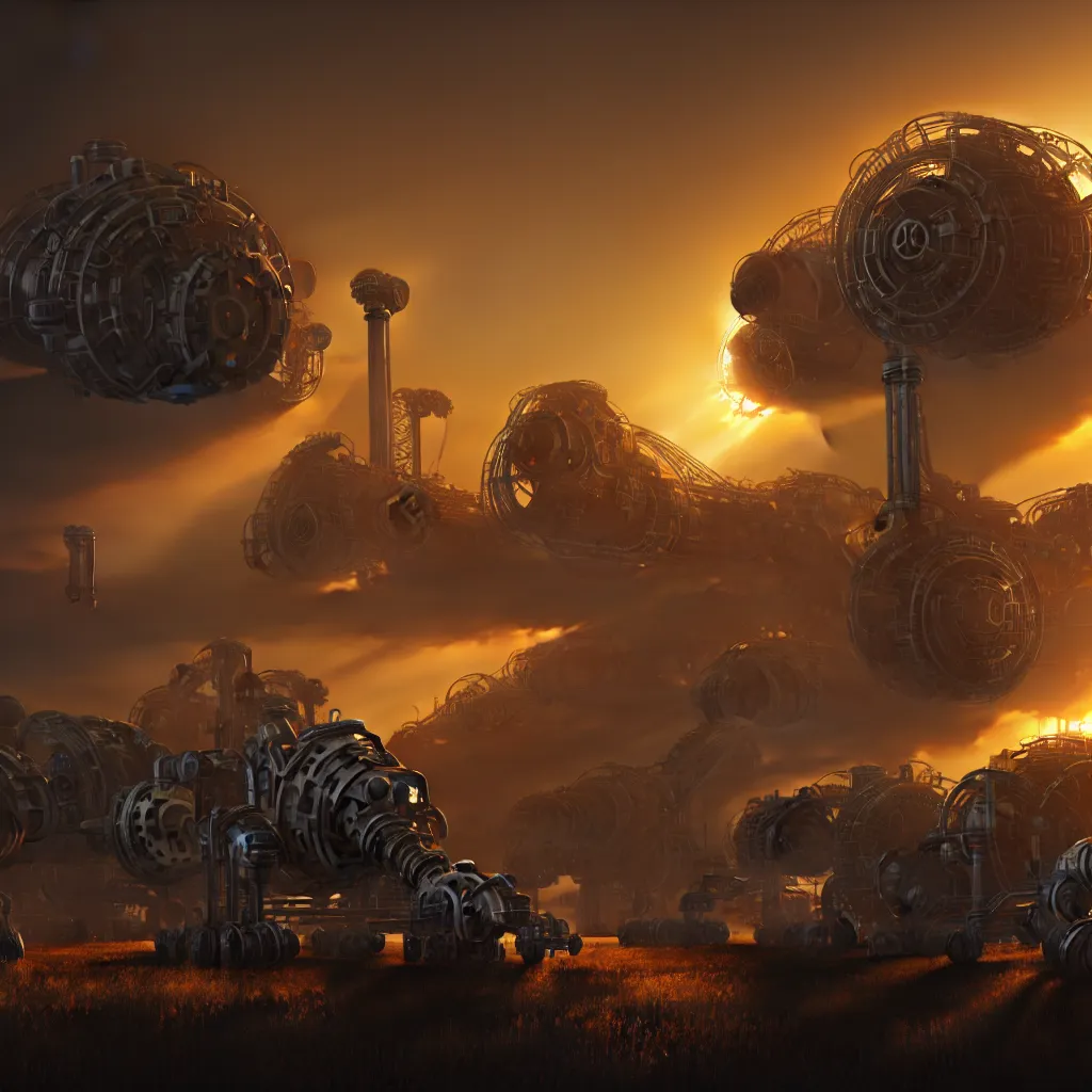 Image similar to factorio, automation, pollution, machina, soft lighting, crepuscular rays, realistic octane render, 8k, ultra detailed, concept art, painted by gaston bussiere