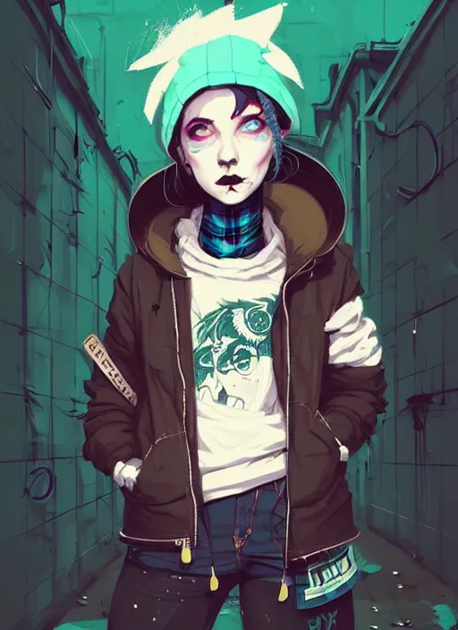 Prompt: highly detailed portrait of a sewer punk lady student, blue eyes, tartan hoody, hat, white hair by atey ghailan, by greg rutkowski, by greg tocchini, by james gilleard, by joe fenton, by kaethe butcher, gradient green, black, brown and magenta color scheme, grunge aesthetic!!! ( ( graffiti tag wall background ) )