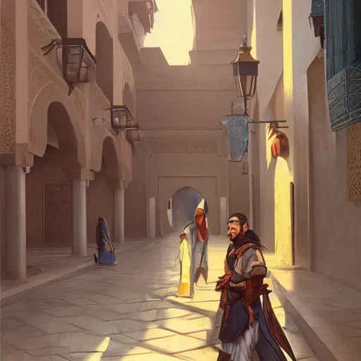 Image similar to hanzo from overwatch travels in marrakech streets, morocco, palm trees, mosque, highly detailed, digital painting, artstation, concept art, smooth, sharp focus, illustration, art by artgerm and greg rutkowski and alphonse mucha