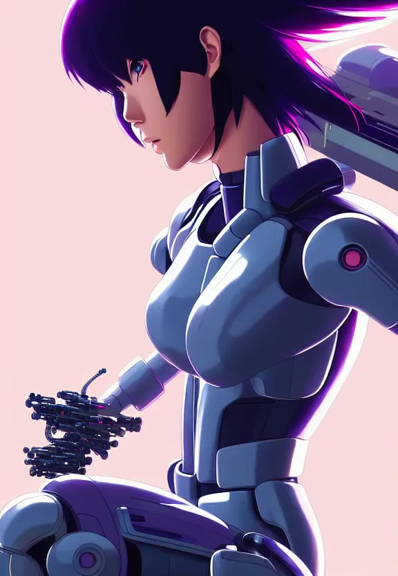 Image similar to a fullbody pose of motoko kusanagi riding a tachikoma, ghost in the shell : : connected to cables, under repairs, maintenance area, technicians : : by ilya kuvshinov, rossdraws, artgerm, sola digital arts, anti aliasing, raytracing : :