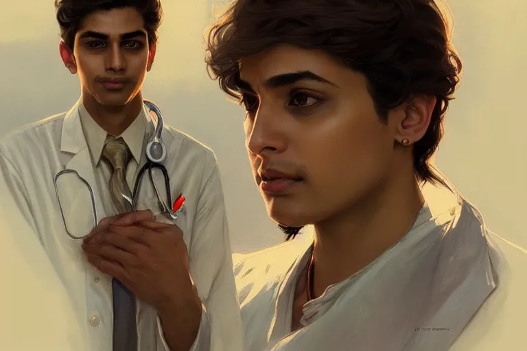 Image similar to Anxious good looking pale young Indian doctors wearing American clothes at the airport, portrait, elegant, intricate, digital painting, artstation, concept art, smooth, sharp focus, illustration, art by artgerm and greg rutkowski and alphonse mucha