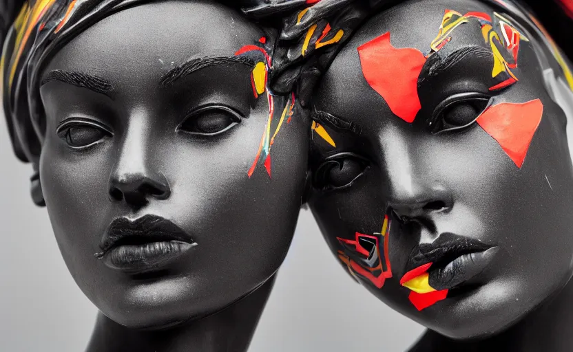 Image similar to close up portrait of extremely beautiful female black marble statue in the style of virgil abloh, colorful motocross logos behind her, sharp focus, clear, detailed,, cinematic, detailed, off white, glamourous, symmetrical, vogue, editorial, fashion, magazine shoot, glossy