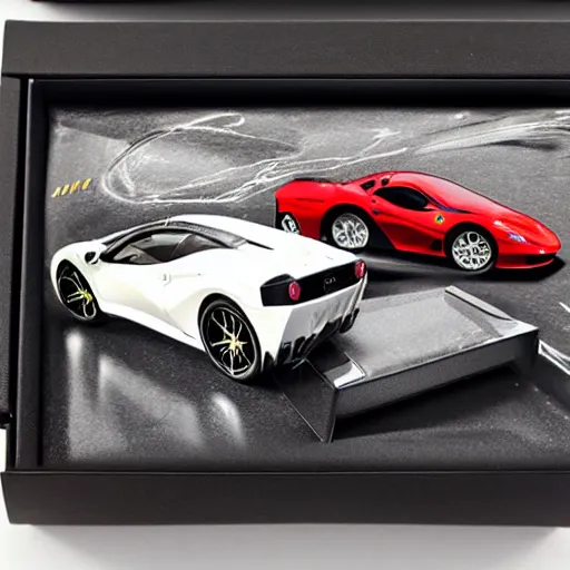 Prompt: realistic photographie lamborgini luxury mix with ferrari inside a pop collector box