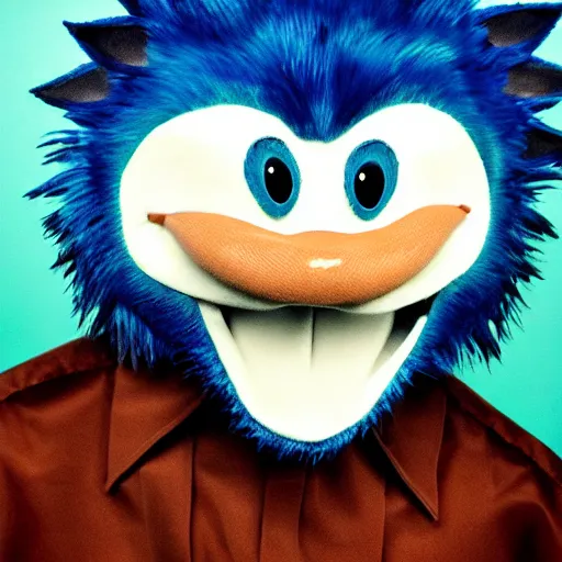 Image similar to anthropomorphic blue hedgehog with human teeth, studio portrait