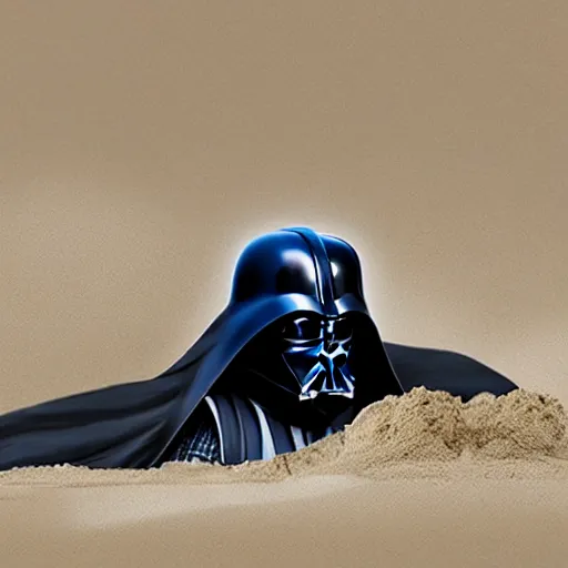 Prompt: darth vader trying to escape from being buried in a pile of sand