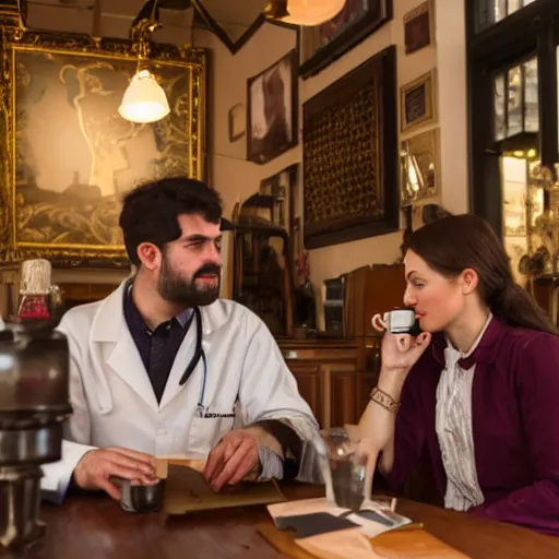 Image similar to A beautiful aesthetic portrait of an engineer and a doctor sitting in a victorian style cafe in Miami, 8k,