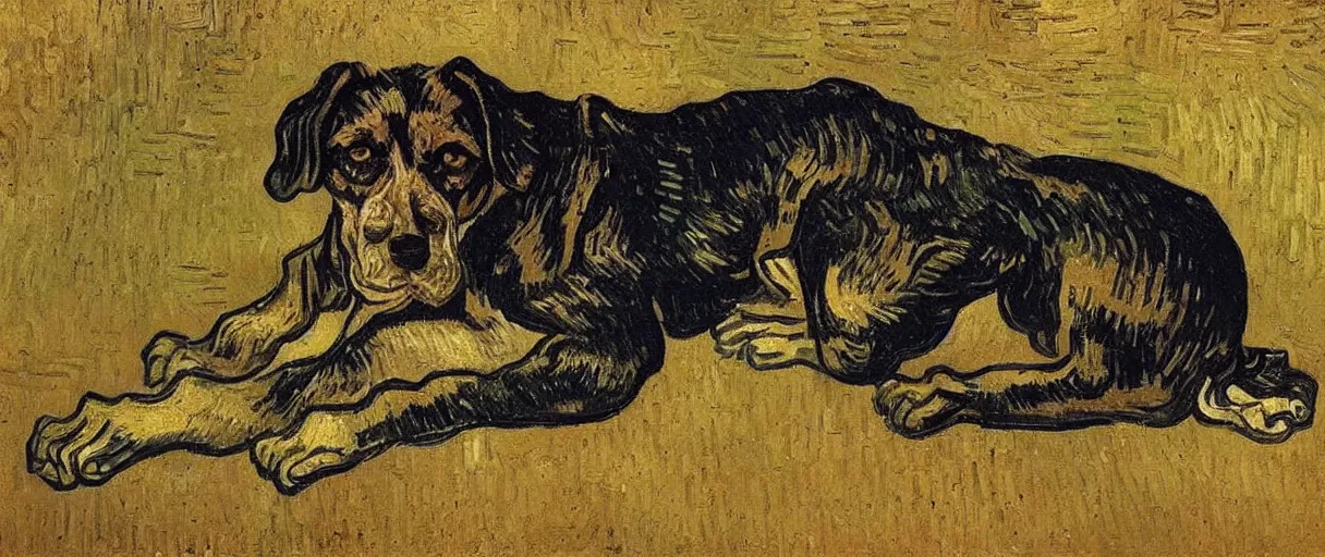 Image similar to studio portrait of a wizened old dog; extremely detailed; oil painting by Vincent Van Gogh