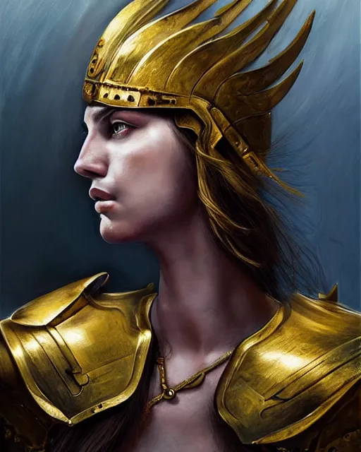 Prompt: beautiful female warrior, half body portrait, long flowing hair, heavy gold armour, realistic oil painting by Boris Valejo