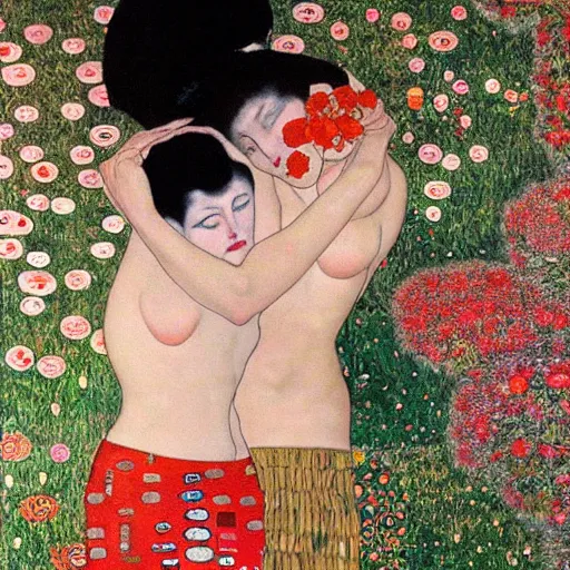 Image similar to !dream Woman holding another woman, one black, the other Asian, both have red lips, silk ribbon over eyes, Gustav Klimt style, against a background of flowers,