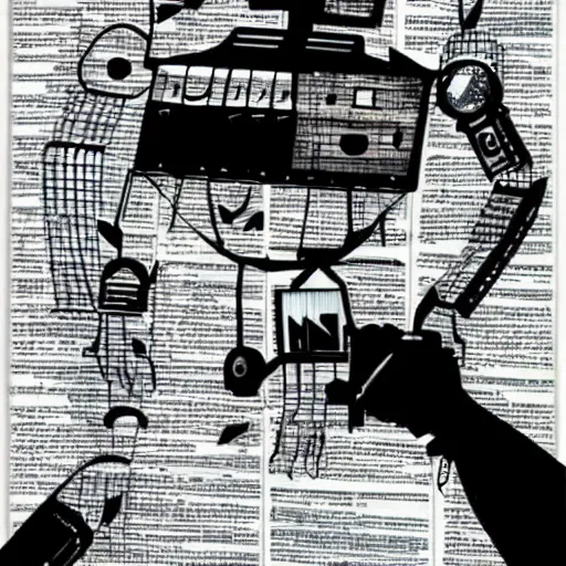 Image similar to a fullmetal wired robot is reading the intimate diary of sophia aeon, by dave mckean