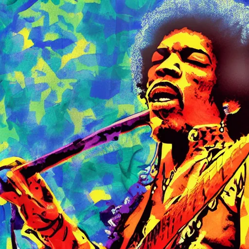 Image similar to HD digital concert poster Jimi Hendrix at Woodstock, ultra realistic, powerful, iconic, love peace and unity, hippy, flower power