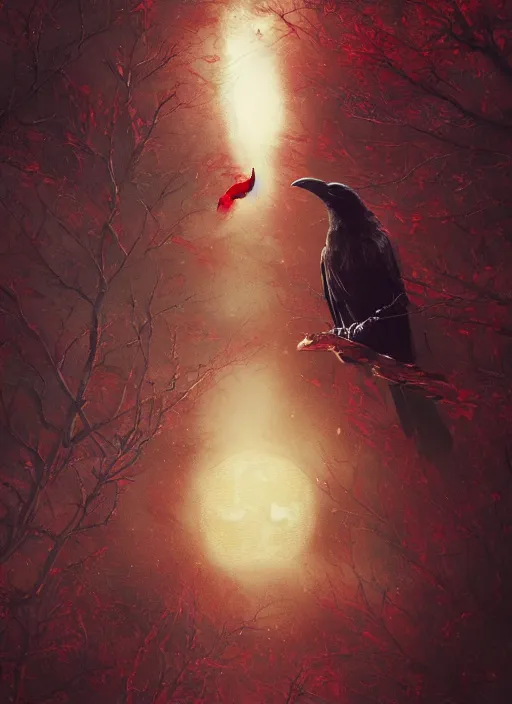 Image similar to red and golden color details, portrait, A crow with red eyes in front of the full big moon, book cover, red tree, red white black colors, establishing shot, extremly high detail, foto realistic, cinematic lighting, by Yoshitaka Amano, Ruan Jia, Kentaro Miura, Artgerm, post processed, concept art, artstation, raphael lacoste, alex ross, portrait, A crow with red eyes in front of the full big moon, book cover, red roses, red white black colors, establishing shot, extremly high detail, photo-realistic, cinematic lighting, by Yoshitaka Amano, Ruan Jia, Kentaro Miura, Artgerm, post processed, concept art, artstation, raphael lacoste, alex ross