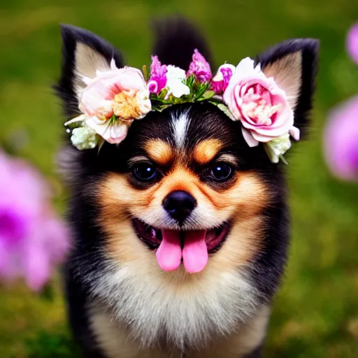 Image similar to a pomeranian wearing a flower crown, tongue out, looking at the camera, instagram photo, filter