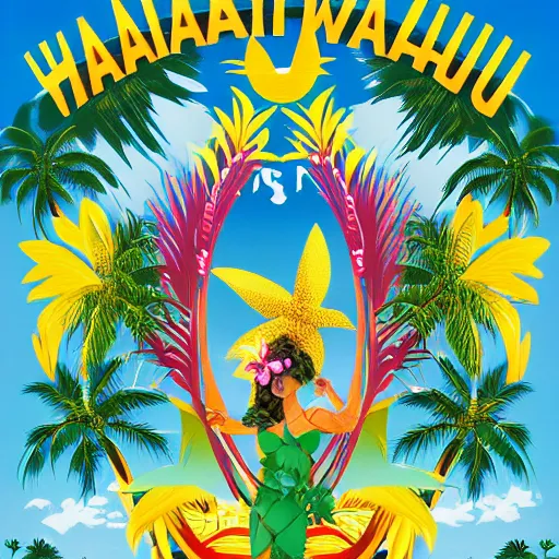 Prompt: hawaii tourism poster in style of bauhaus, hula girl, surfboard, waves, palm trees, sun, surf sand, medley of tropical flowers, lei, beautiful, symmetrical, textured, layered, ornate, detailed, chromostereopsis, 8 k