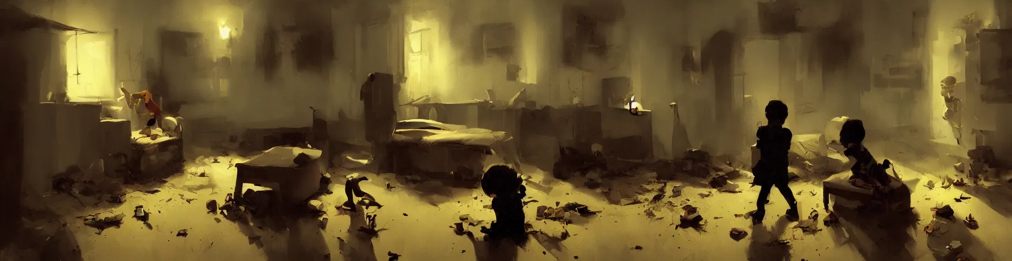 Image similar to a kid entering in a hoarder's room, dark atmosphere. by sergey kolesov and phil hale