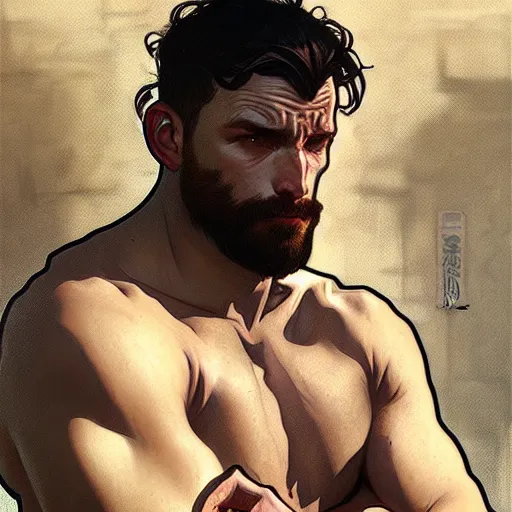 Image similar to portrait of depressed chad, male, muscular, handsome D&D, concept art, art by Greg Rutkowski and Alphonse Mucha