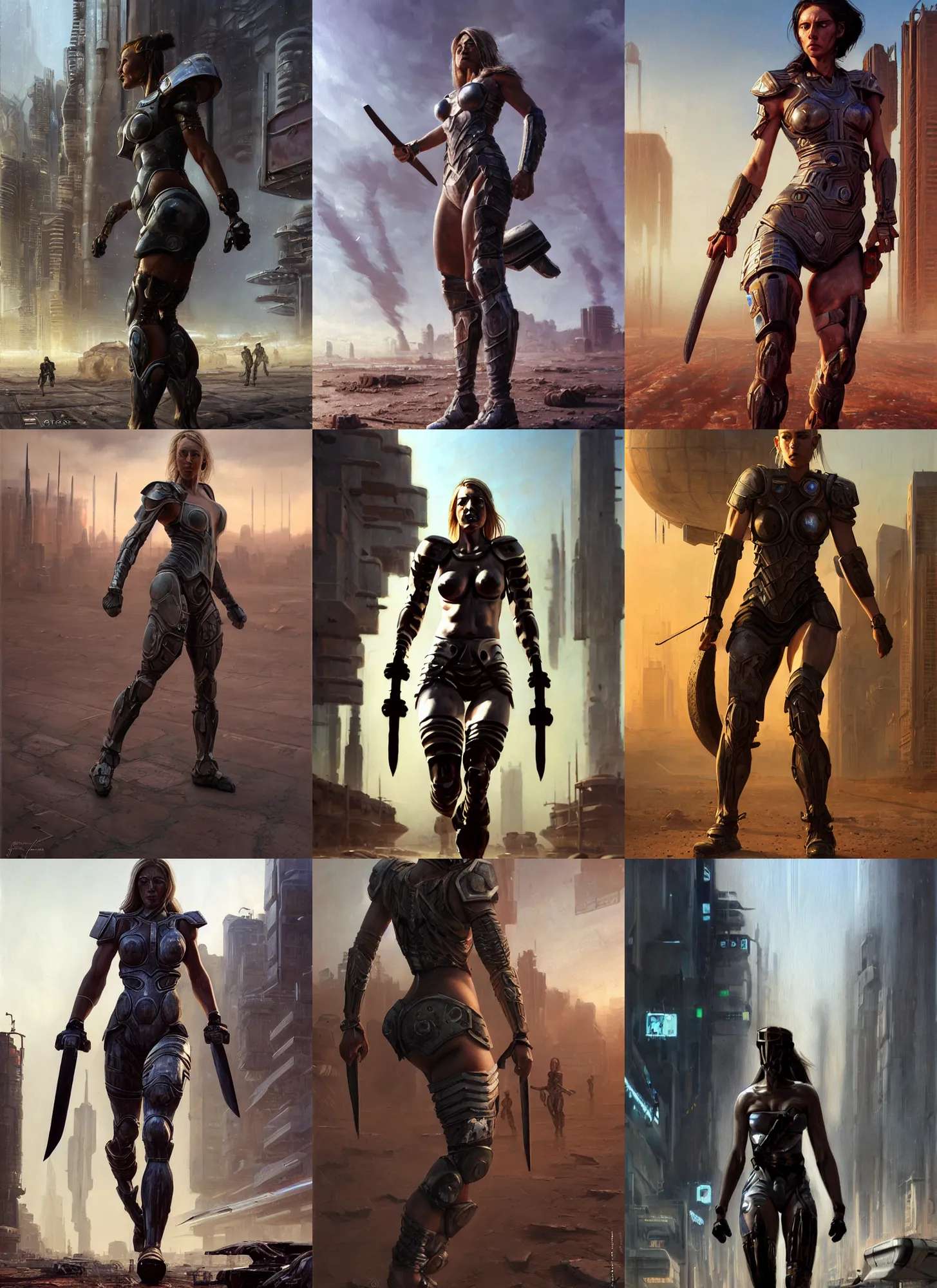 Prompt: realist painting of a muscular female warrior in mjolnir mk 3 armor walking across a cyberpunk wasteland with no helmet, attractive female face, symmetrical face details, ultra realistic, very highly detailed, 8K, octane, Digital painting, concept art, illustration, rule of thirds, sharp focus, centered, Ron Cobb, Syd Mead