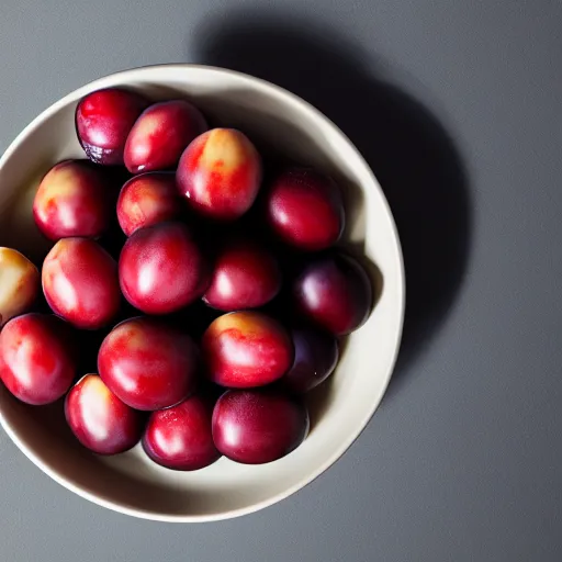 Image similar to photo of a thick porcelain bowl filled with a few moist freshly picked plums on a wooden table. volumetric lighting. 4 k. small scale. realistic. top down.