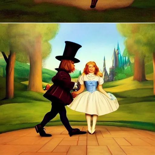 Prompt: Alice in Wonderland and Wizard of Oz by Raphael, Hopper, and Rene Magritte. detailed, romantic, enchanting, trending on artstation.