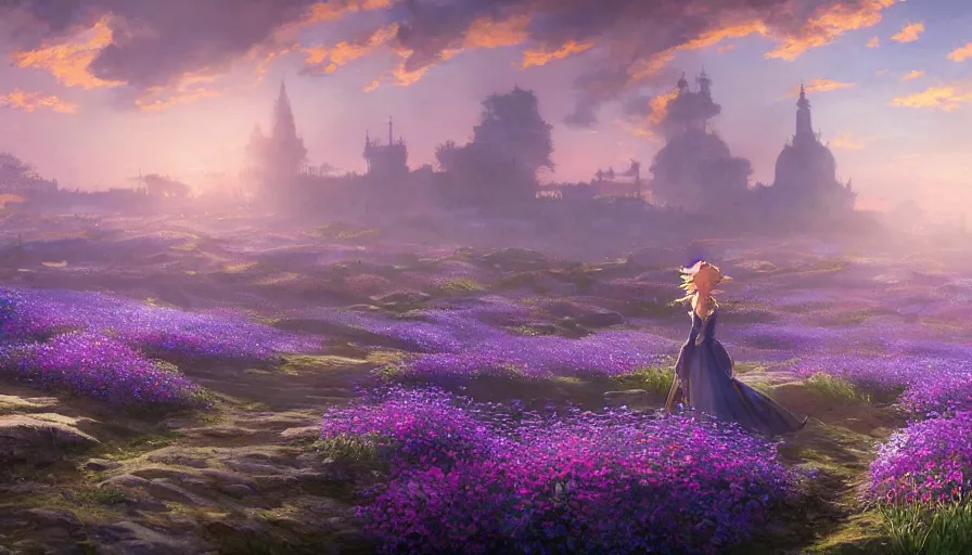 Prompt: over the shoulder landscape painting of violet evergarden standing on a distant colorful flower hill, behind it a distant old european city leiden from violet evergarden next to the reflecting ocean, ocean, sunshine, fantasy, intricate, elegant, highly detailed, digital painting, artstation, blender, unreal engine 5, octane render, smooth, sharp focus, illustration, by Anton Fadeev and Philipp A. Urlich and Andreas Rocha