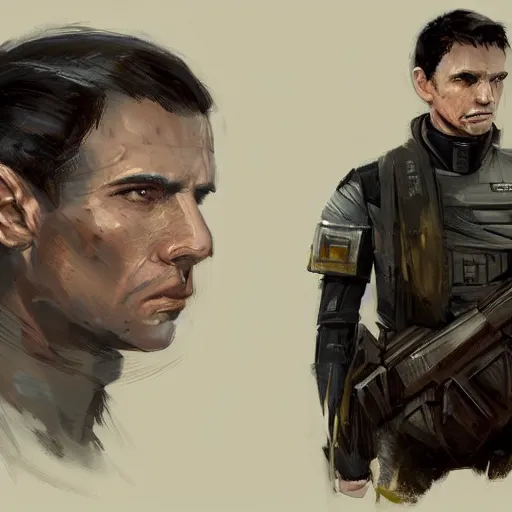 Image similar to portrait of a man by Greg Rutkowski, he is about 30 years old, he has short black hair in military-style, a straight jaw, he has a scar above one eyebrow, he wears Galactic Alliance military fatigues, Star Wars Expanded Universe, highly detailed portrait, digital painting, artstation, concept art, smooth, sharp foccus ilustration, Artstation HQ