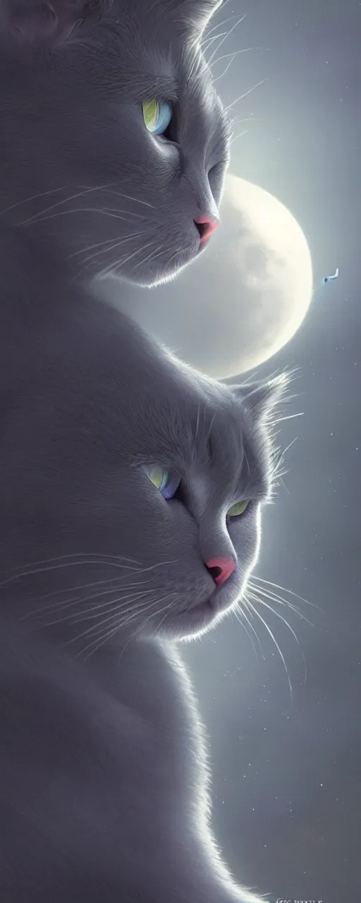 Image similar to a grey cat with blue eyes looks at the moon, volumetric lighting, glowing lights, 4k, octane, digital painting, artstation, concept art, sharp focus, illustration, cinematic film still, art by artgerm and greg rutkowski and alphonse mucha , wide angle view,