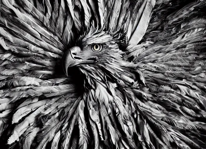 Image similar to pieces of a ripped flag!!!, chicken feathers and saw dust molten and restructured into a beautiful!!!, abstract!!!!!!! sculpture of an eagle, black backdrop, high contrast, award winning photo, dslr, high quality