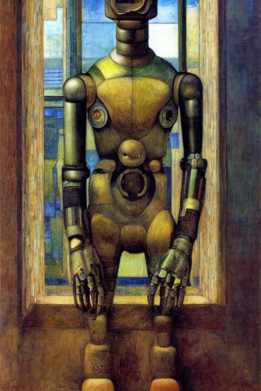 Image similar to the robot wearing his electric crown stands by the window , by Annie Swynnerton and Diego Rivera and Elihu Vedder, symbolist, dramatic lighting, elaborate geometric ornament, Art Brut, soft blues and greens,smooth, sharp focus, extremely detailed, Adolf Wölfli and Evelyn De Morgan