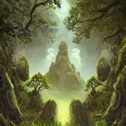 Image similar to ancient overgrown ruins, medieval gates, runestones, nostlagia, mysetrious etherial mesmerizing runic cat eyes, magical elven geometry, floating islands, high detail