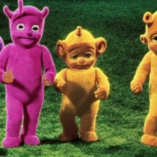 Image similar to movie still of harrison ford in teletubbies