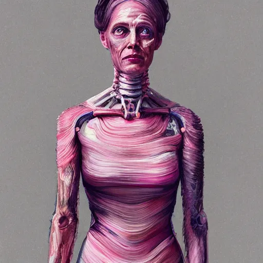 Prompt: A beautiful detailed whole body portrait painting of Dolores Abernathy wearing a pink dress, robot revolution, apocalypse, highly detailed, digital painting, artstation, cgscoiety, cinematic, intricate, smooth, sharp focus, illustration, Unreal Engine 5, concept art, 8K, art by Westworld and Esao Andrews.