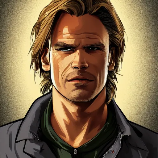 Image similar to [UHD MacGyver as a GTA character on the streets of futuristic laserpunk Dallas, correct face, intricate facial details, symmetrical face, elegant, graphic detail, digital painting, trending on artstation, concept art, tonalism, sharp focus, illustration, art by Akira Toriyama and Greg Rutkowski and Alphonse Mucha]