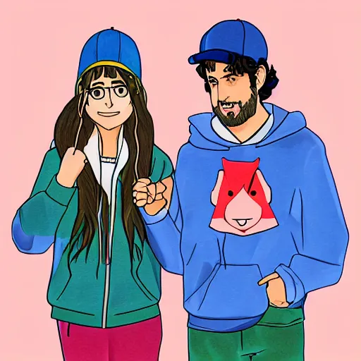 Image similar to hila klein holding hands with ethan klein, anime style, digital art, cute, teddy fresh