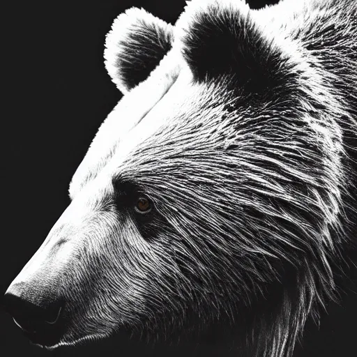 Prompt: a black and white image of a bear's head, an album cover by Yasutomo Oka, reddit contest winner, sots art, official art, black background, wallpaper