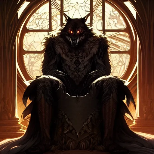 Image similar to a werewolf king in your throne room, intricate, elegant, highly detailed, digital painting, artstation, concept art, smooth, sharp focus, illustration, thriller atmosphere, art by artgerm and greg rutkowski and alphonse mucha