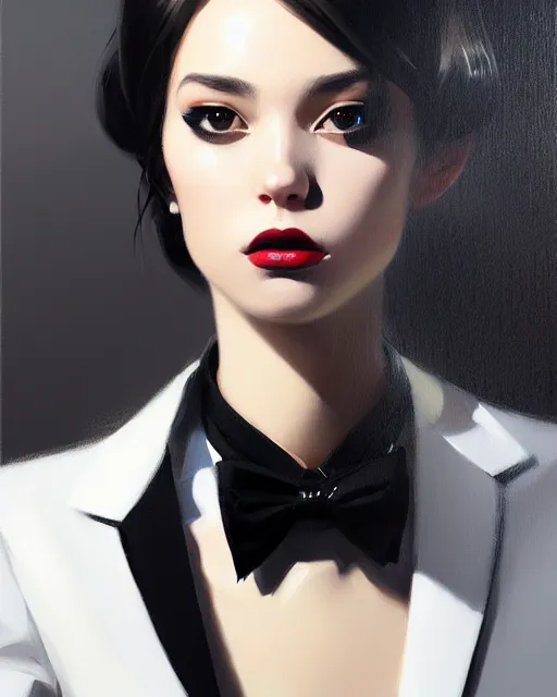 Image similar to a ultradetailed beautiful portrait panting of a stylish woman wearing a black tuxedo, she has a crazy looking expression, white background, oil painting, by ilya kuvshinov, greg rutkowski and makoto shinkai, trending on artstation