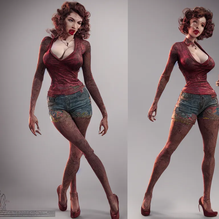 Image similar to a hyperrealistic rendering full body concept, model of a pinup with a beautiful face and full intricate clothing, deep color, cryengine render 8 k, extreme detail, dynamic pose