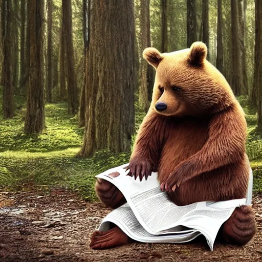 Image similar to UHD canndid photo of Yogi Bear squatting on a toilet in the woods, reading a newspaper, by Annie leibowitz, photorealisitc ,detailed