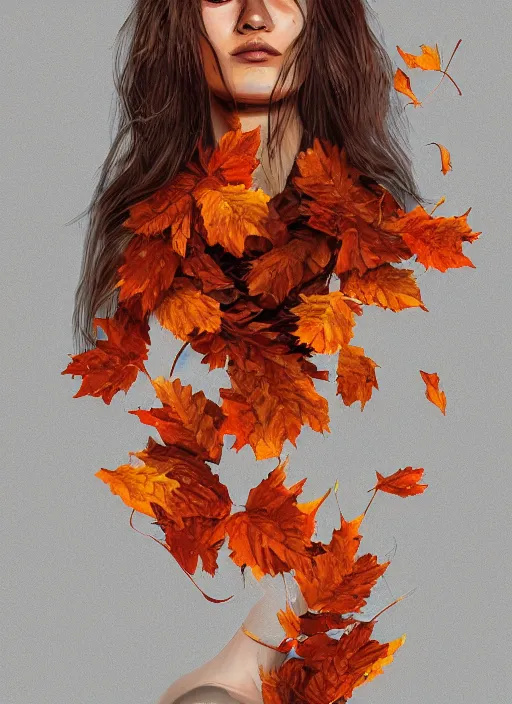 Image similar to a woman made of autumn leaves, digital painting, trending on artstation, ambient lighting, highly detailed