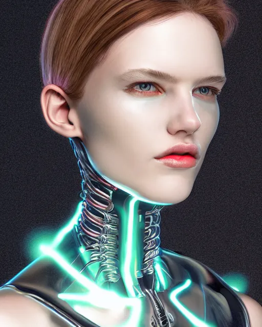 Image similar to fashion portrait, most beautiful girl in the world, glowing cybernetic augments, hyperrealism, year 2447, cdx