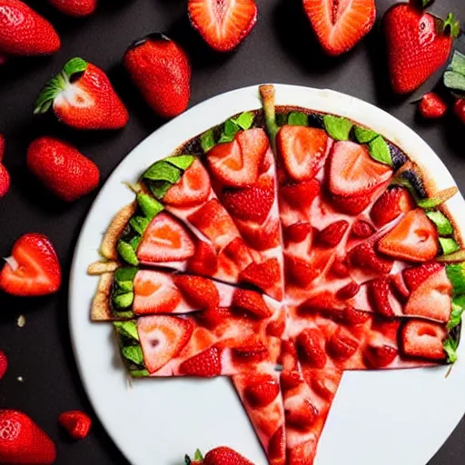 Prompt: a strawberry ((🍕)) made entirely out of 🍓, 🍓🍕 hybrid, 4k food photography,