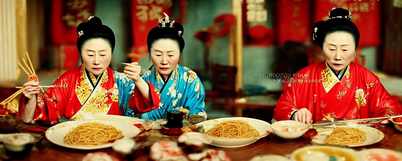 Prompt: empress wu ze tian of china eating spaghetti alone in her palace, 6 9 0 ad, canon 2 8 mm, kodachrome, retro, in the style of wes anderson, photograph, realistic expressions, detailed faces, exquisite detail, soft focus