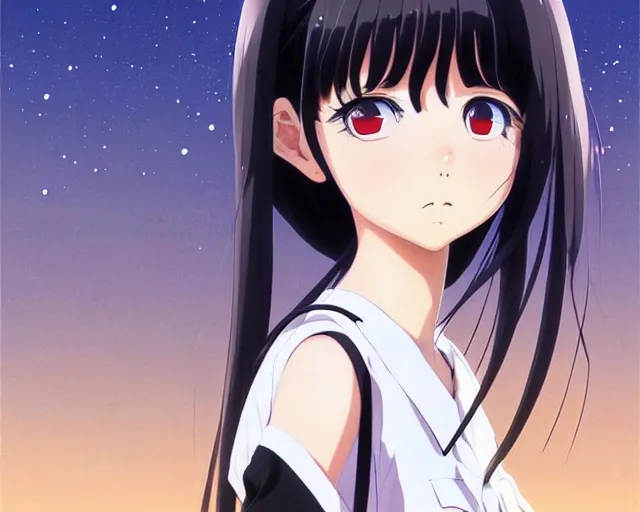 Image similar to beautiful anime girl with long black hair and bangs, beautiful anime guy with black hair, wearing black clothes, siblings, fine details portrait, japense village in background, bokeh. anime masterpiece by Studio Ghibli. illustration, sharp high-quality anime illustration in style of Ghibli, Ilya Kuvshinov, Artgerm