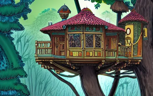 Prompt: an intricate treehouse in the style of studio Ghibli, 4k