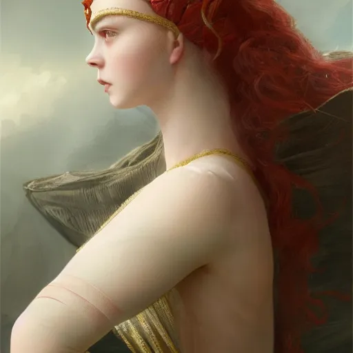 Image similar to head and shoulders portrait of modern darna, elle fanning as a knight from an edmund leighton painting, intricate, elegant, dark vibes, highly detailed, digital painting, artstation, glamor pose, concept art, smooth, sharp focus, illustration, art by wlop, mars ravelo and greg rutkowski