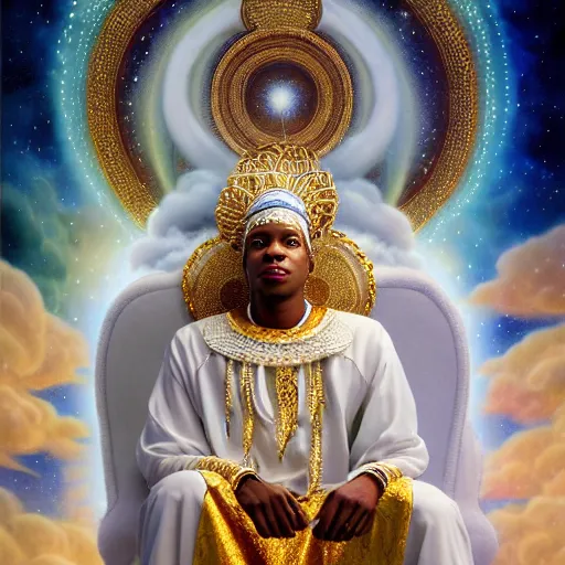 Prompt: obatala the cosmic god wearing all white and gold sitting on a throne of nebula clouds, by Adi granov and thomas blackshear and afarin sajedi in a surreal portrait style, matte painting, volumetric lighting, piercing eyes, detailed face, orisha, 8k, hd
