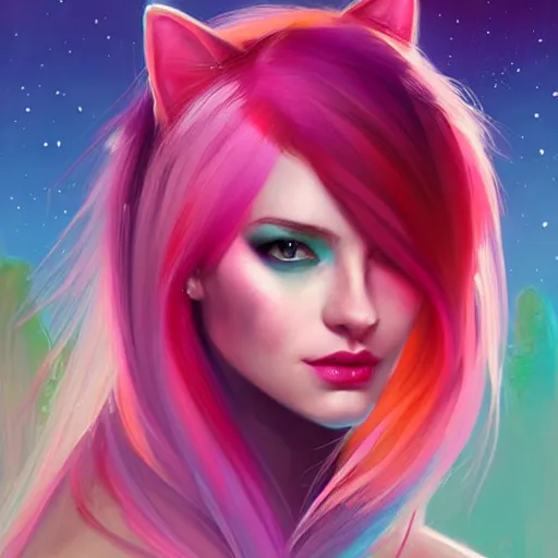 Image similar to colorful and festive cat with pink hair,. rich vivid colors, ambient lighting, dynamic lighting, 4 k, atmospheric lighting, painted, intricate, highly detailed by charlie bowater