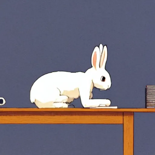 Image similar to A white bunny rabbit sitting at a desk, Makoto Shinkai