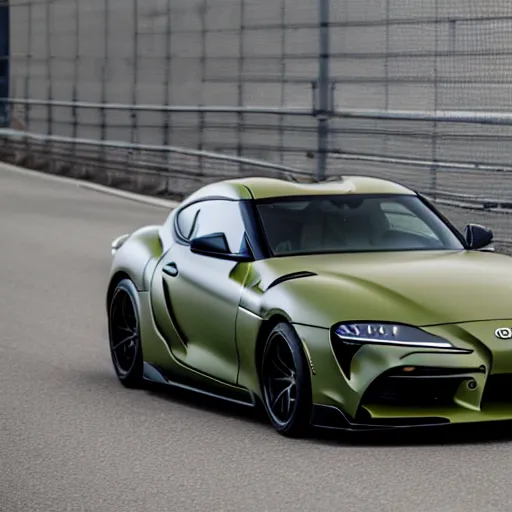 Image similar to Matte olive green Toyota Supra mk5 on highway, hyper realistic, car photography, 8k,